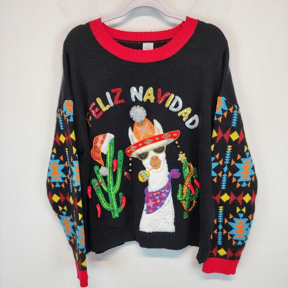 Ugly Christmas Sweater Size XL Feliz Navidad Cactus Bells Llama Aztec Sleeves - Picture 2 of 10